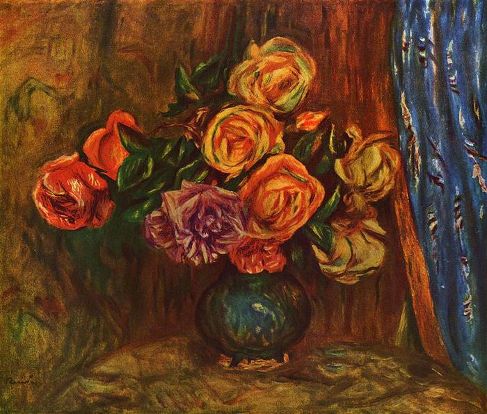 Pierre-Auguste Renoir Stilleben, Rosen vor Blauem Vorhang oil painting picture